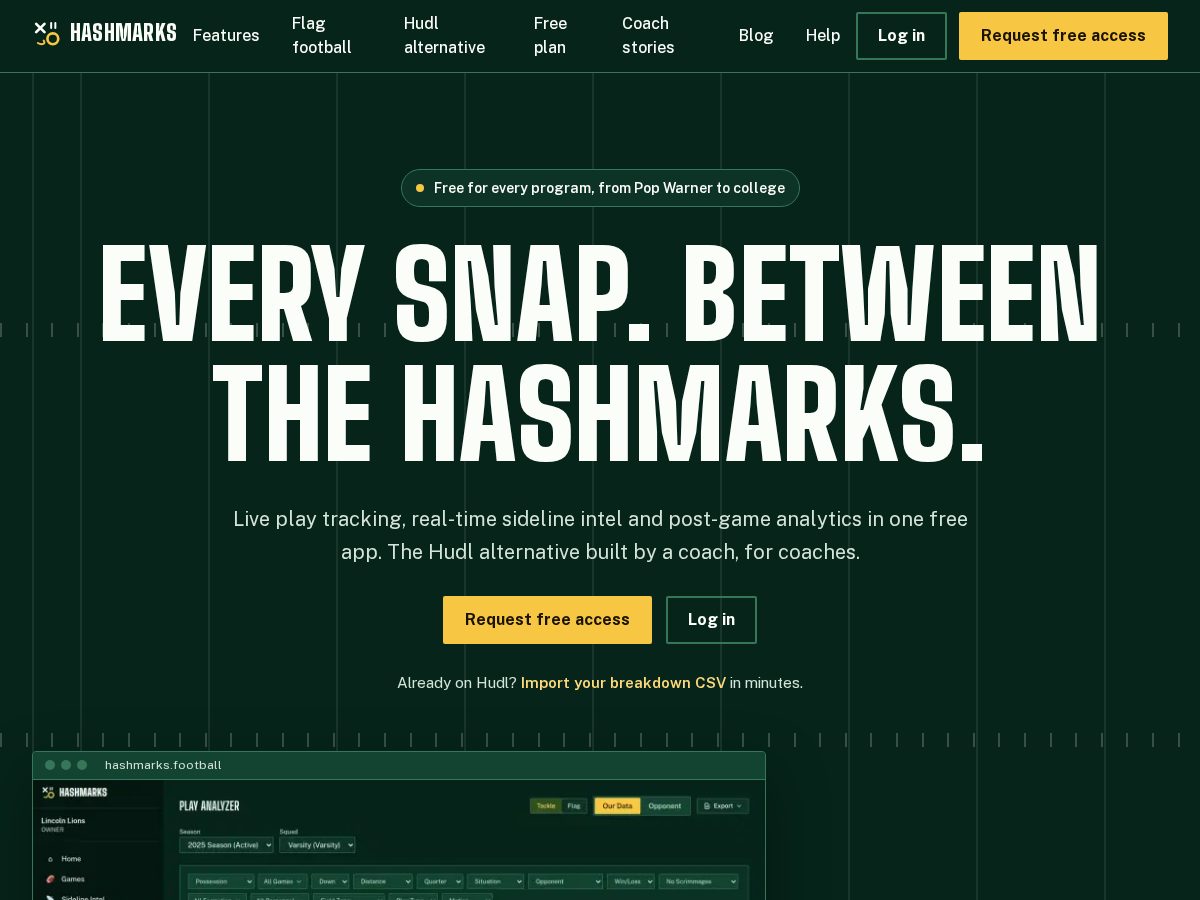 Landing-page snapshot of hashmarks.football