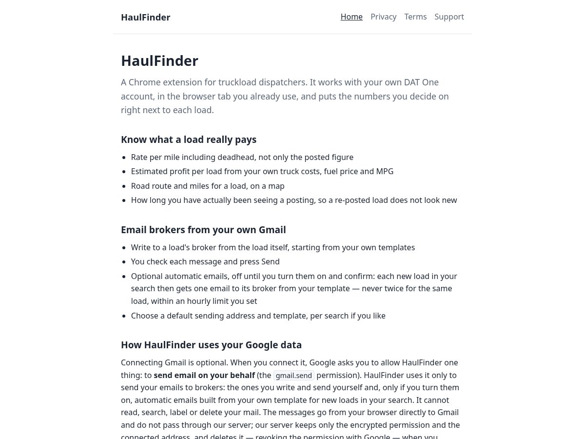 Landing-page snapshot of haulfinderapp.com