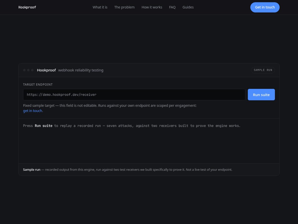 Landing-page snapshot of hookproof.dev