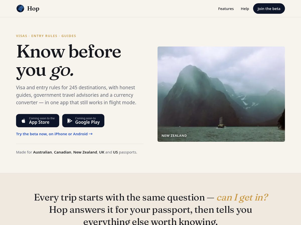 Landing-page snapshot of hoptravelapp.com