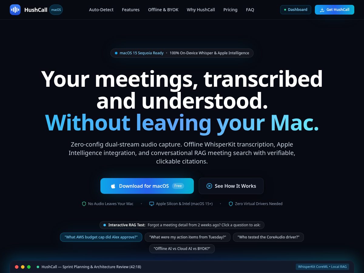 Landing-page snapshot of hushcall.app