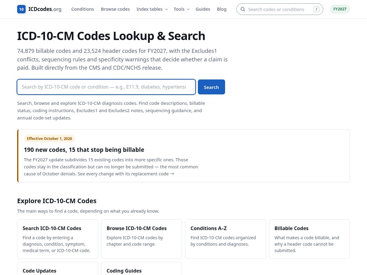 Landing-page snapshot of icdcodes.org