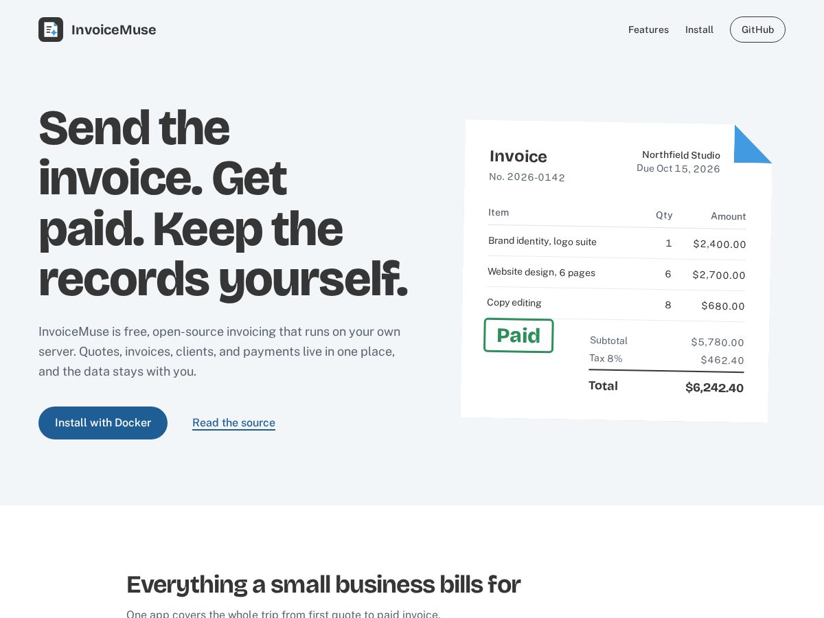Landing-page snapshot of invoicemuse.com