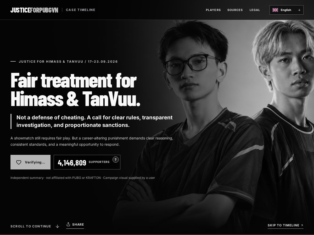 Landing-page snapshot of justiceforpubgvn.com