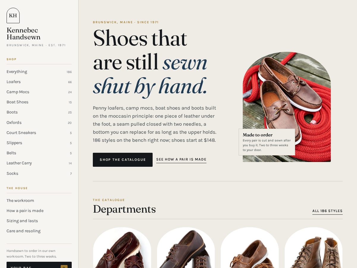 Landing-page snapshot of kennebechandsewn.shop