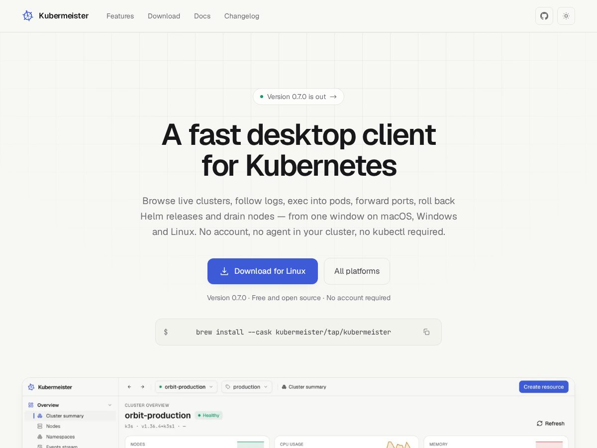 Landing-page snapshot of kubermeister.dev