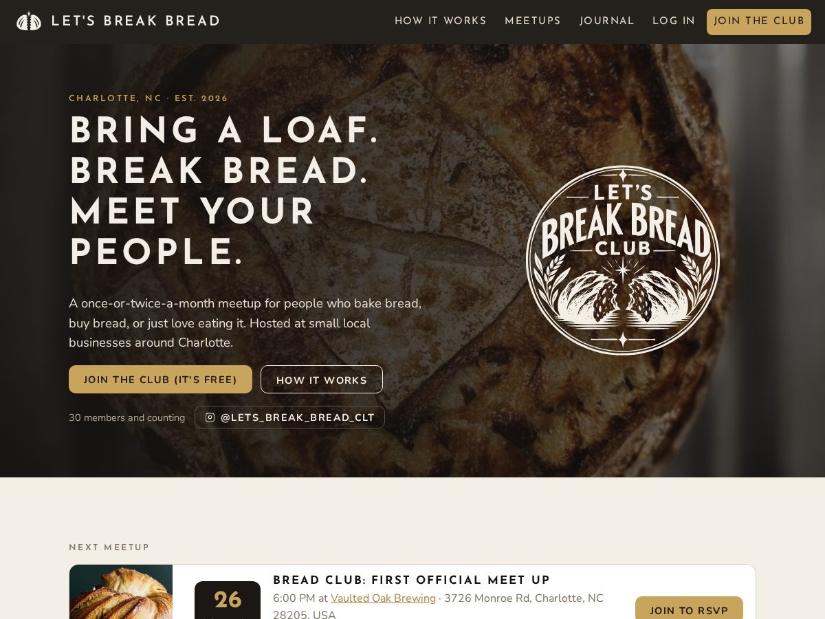 Landing-page snapshot of letsbreakbreadclubclt.com