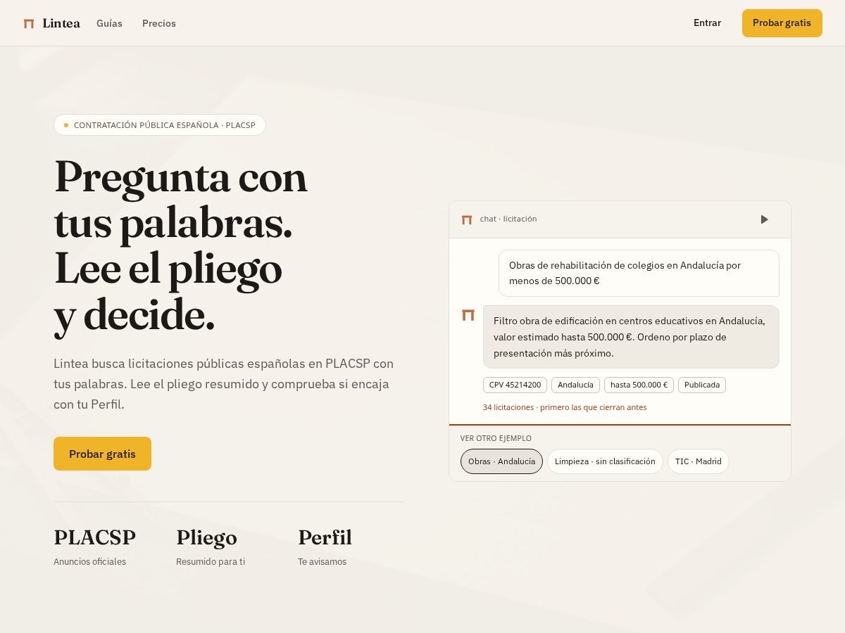 Landing-page snapshot of lintea-licitaciones.com