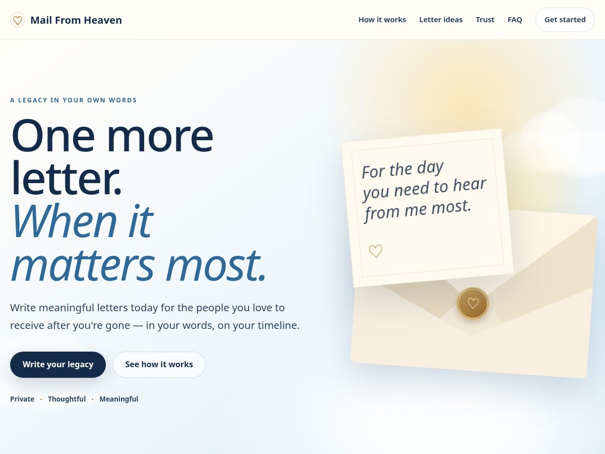 Landing-page snapshot of mailfromheaven.com