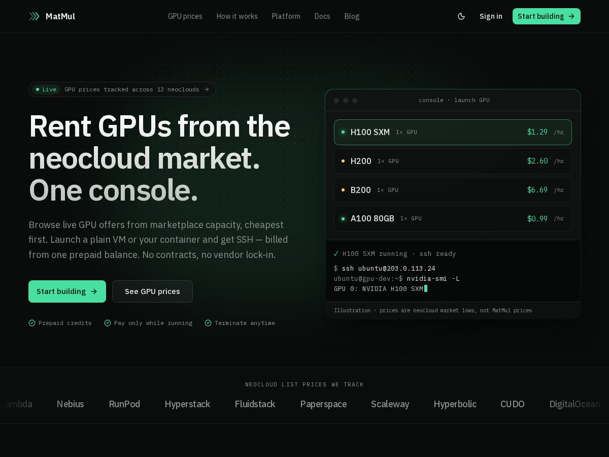 Landing-page snapshot of matmul.cloud