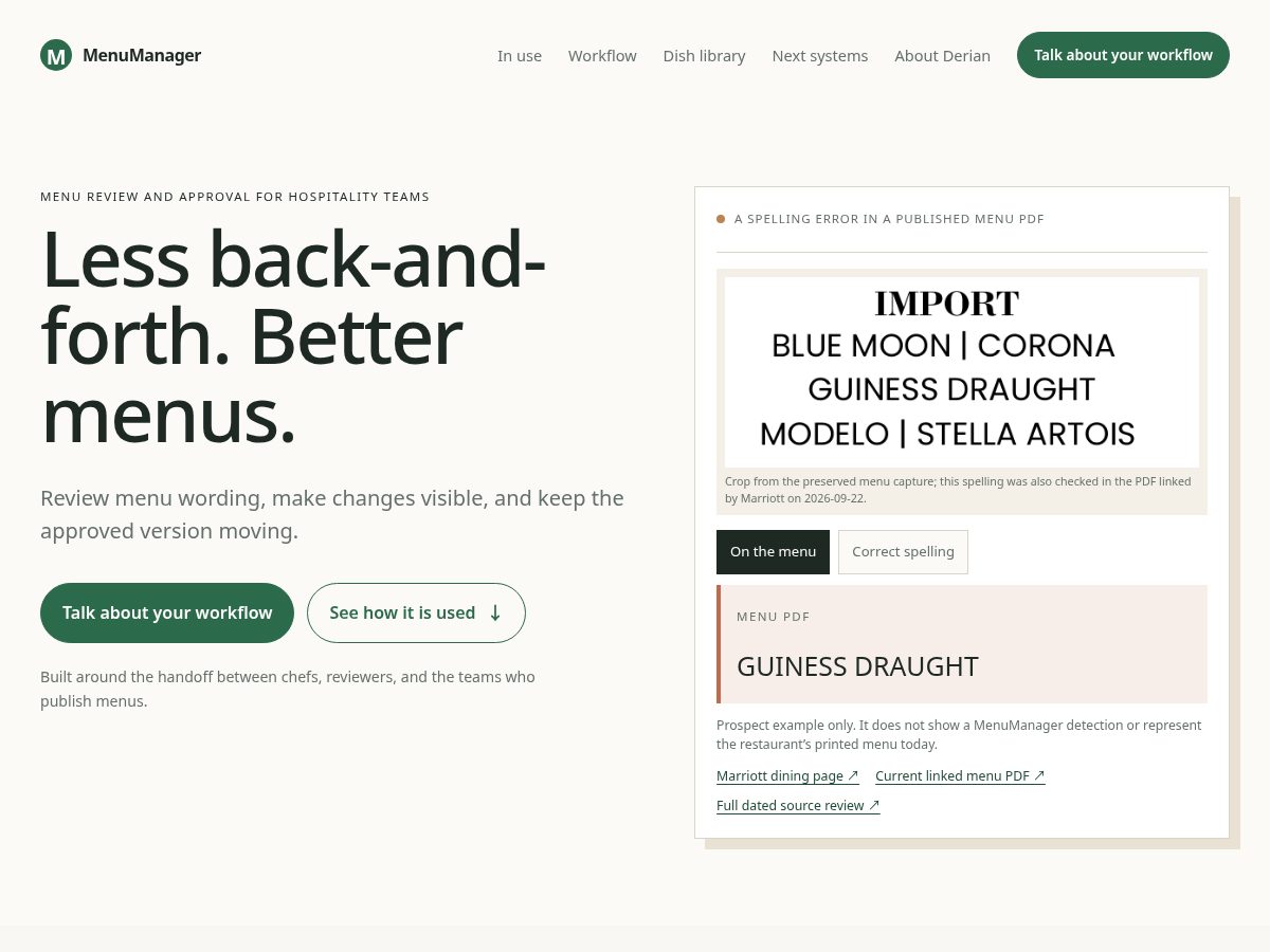 Landing-page snapshot of menumanager.info