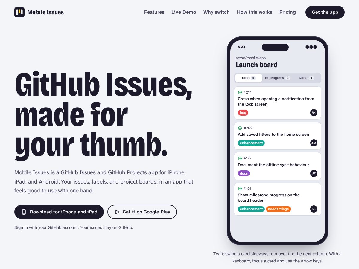 Landing-page snapshot of mobileissues.com