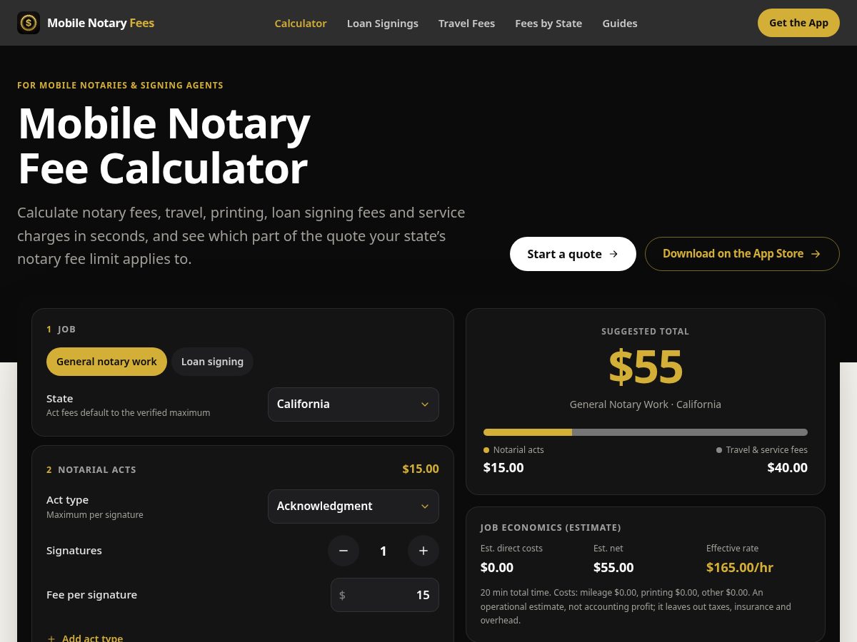 Landing-page snapshot of mobilenotaryfees.com