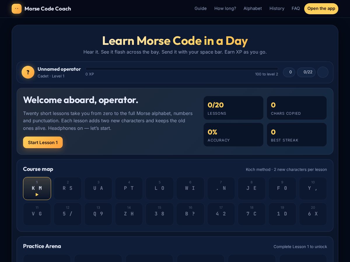 Landing-page snapshot of morsecodecoach.com