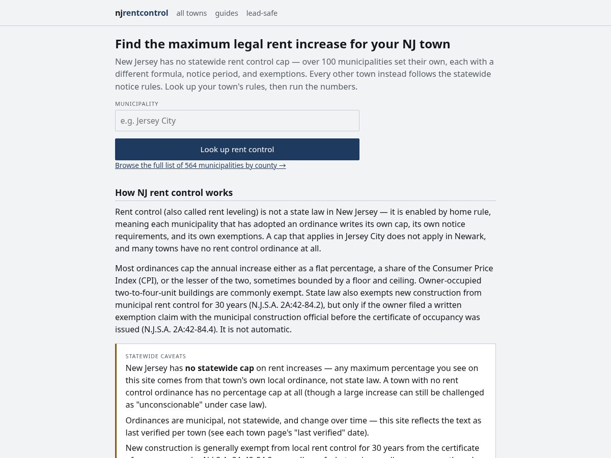 Landing-page snapshot of njrentcontrol.com