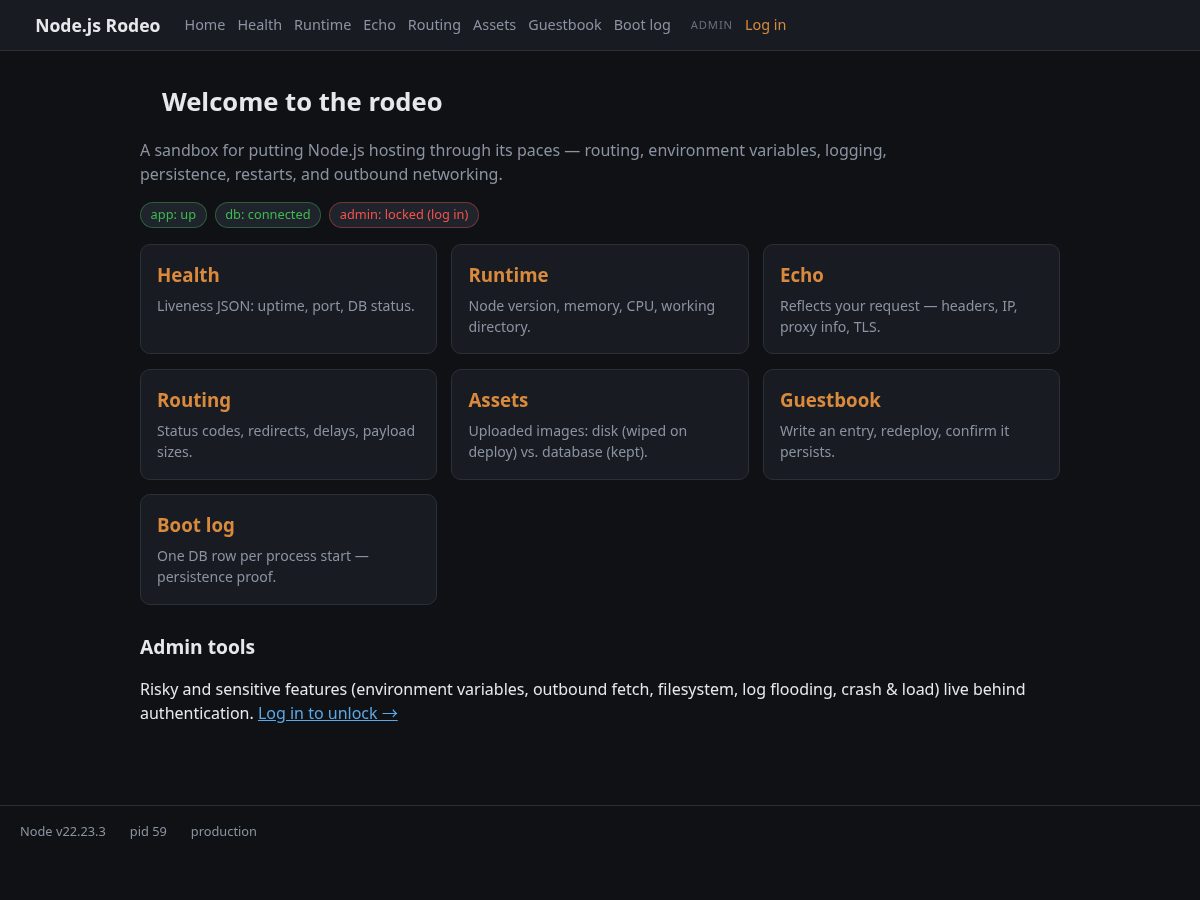 Landing-page snapshot of nodejsrodeo.com