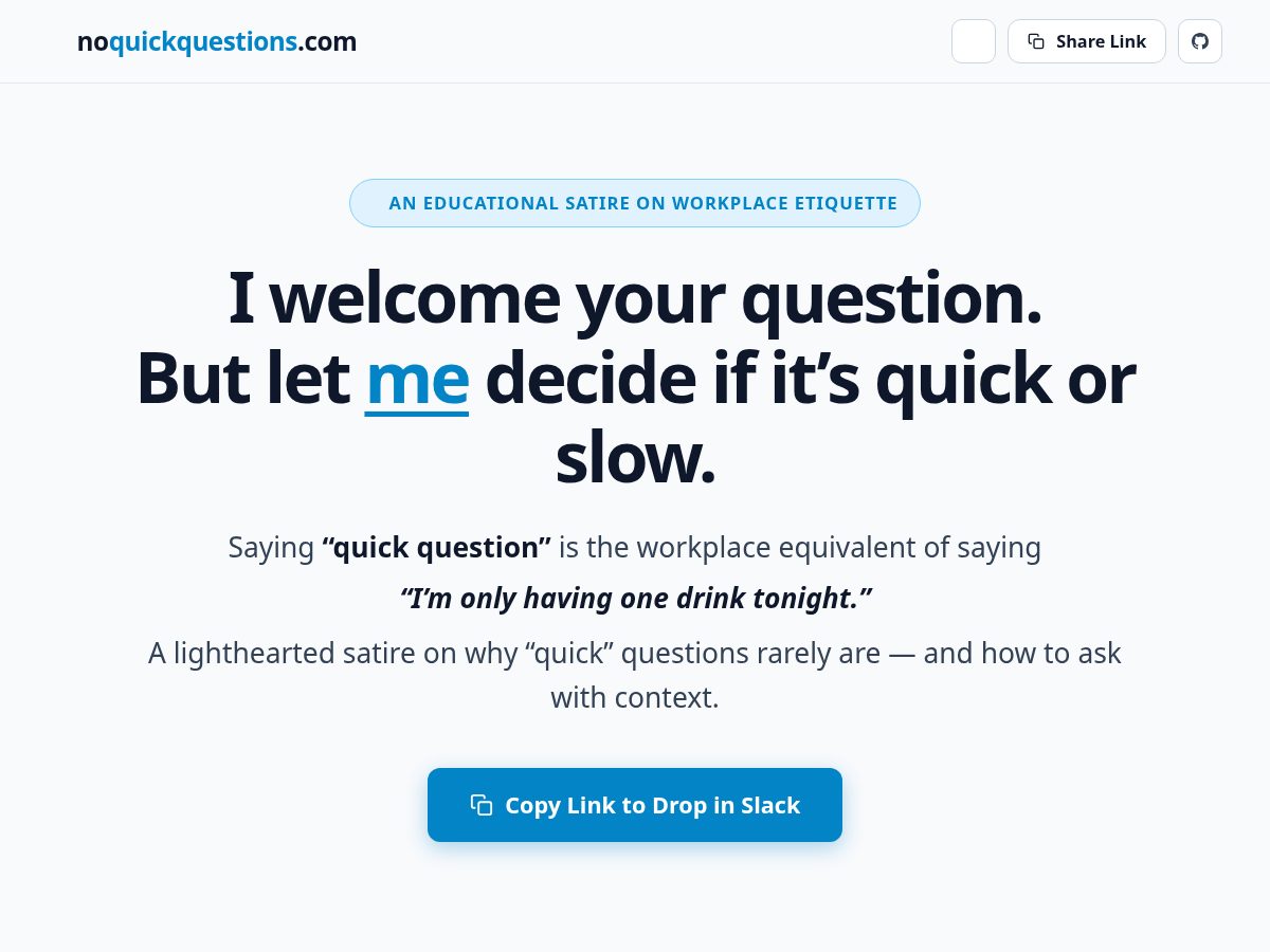 Landing-page snapshot of noquickquestions.com