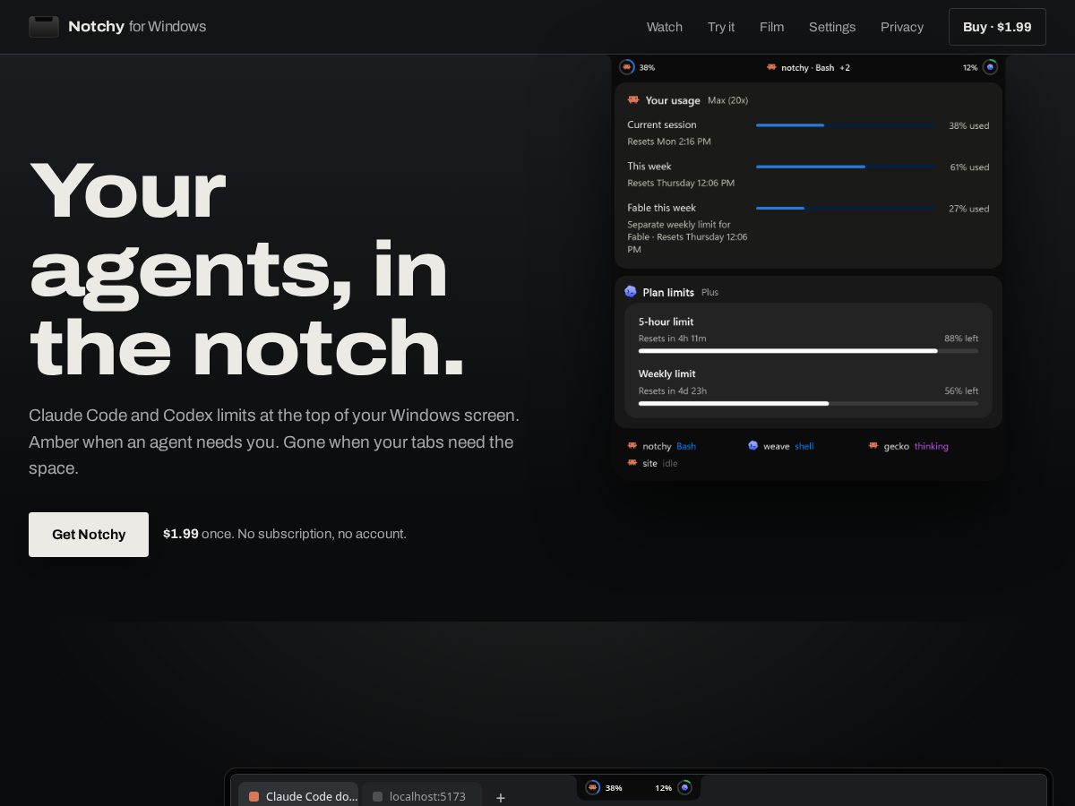 Landing-page snapshot of notchyforwindows.com