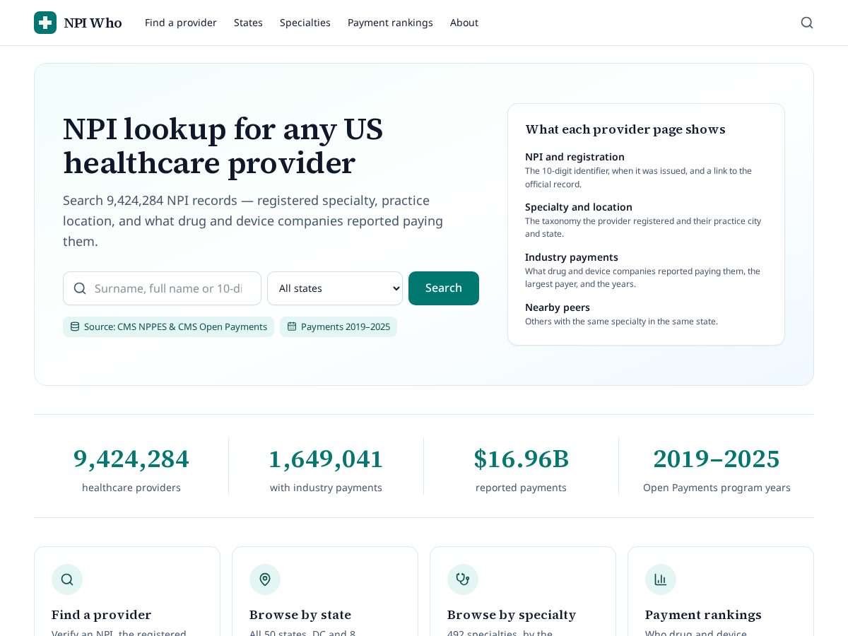 Landing-page snapshot of npiwho.com