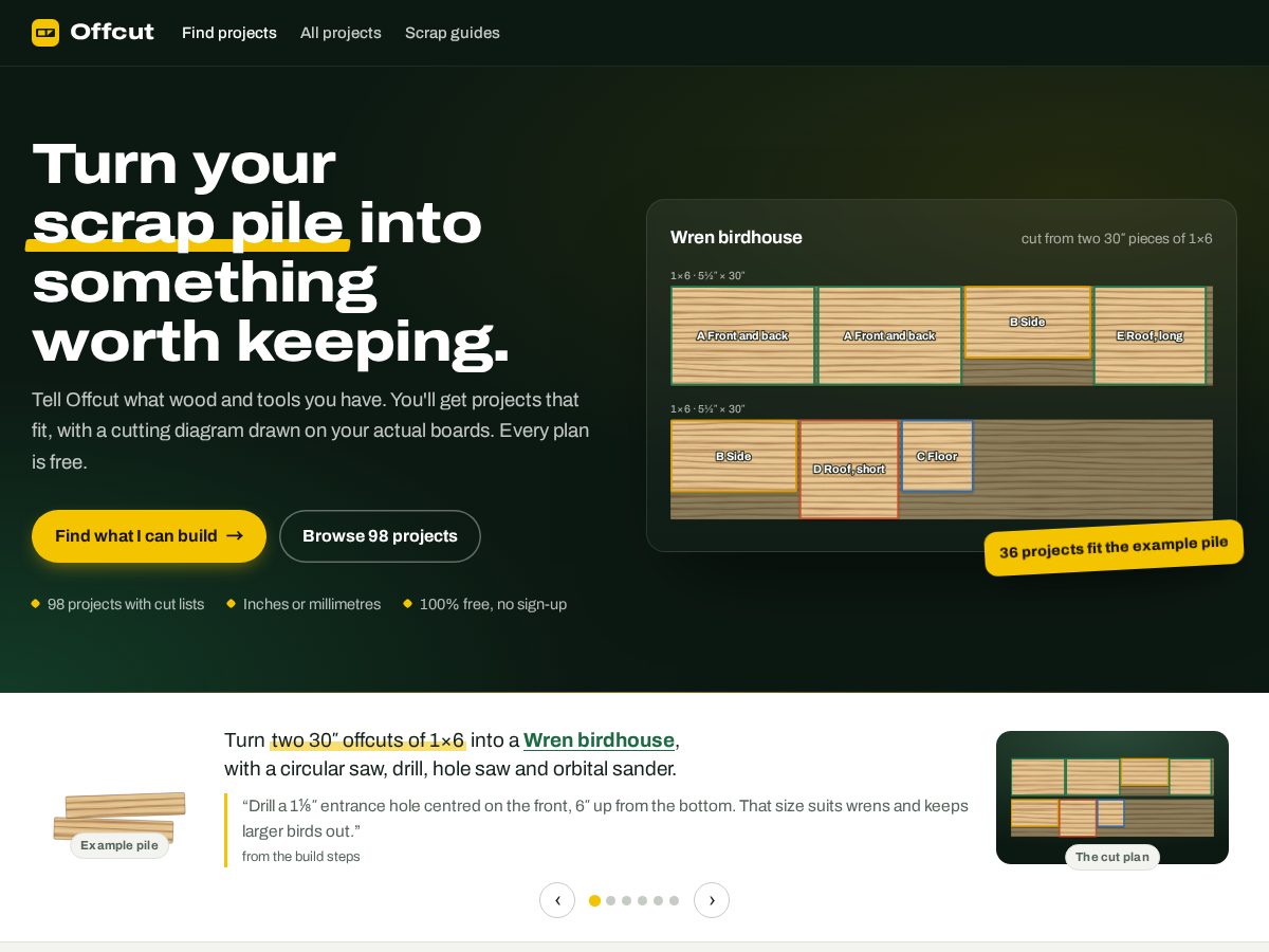 Landing-page snapshot of offcut.fyi