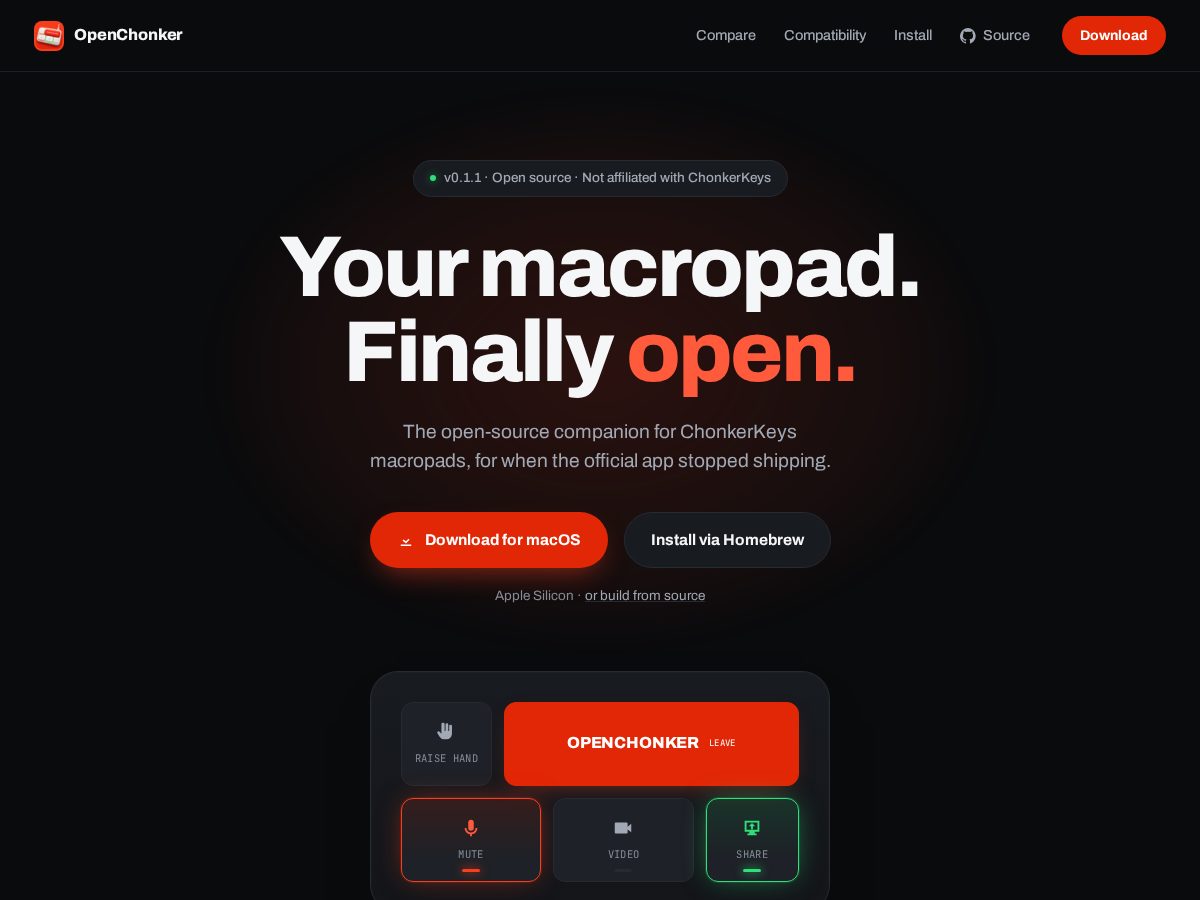 Landing-page snapshot of openchonker.app