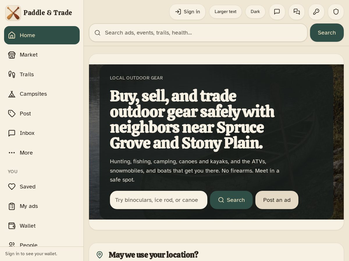 Landing-page snapshot of paddleandtrade.com