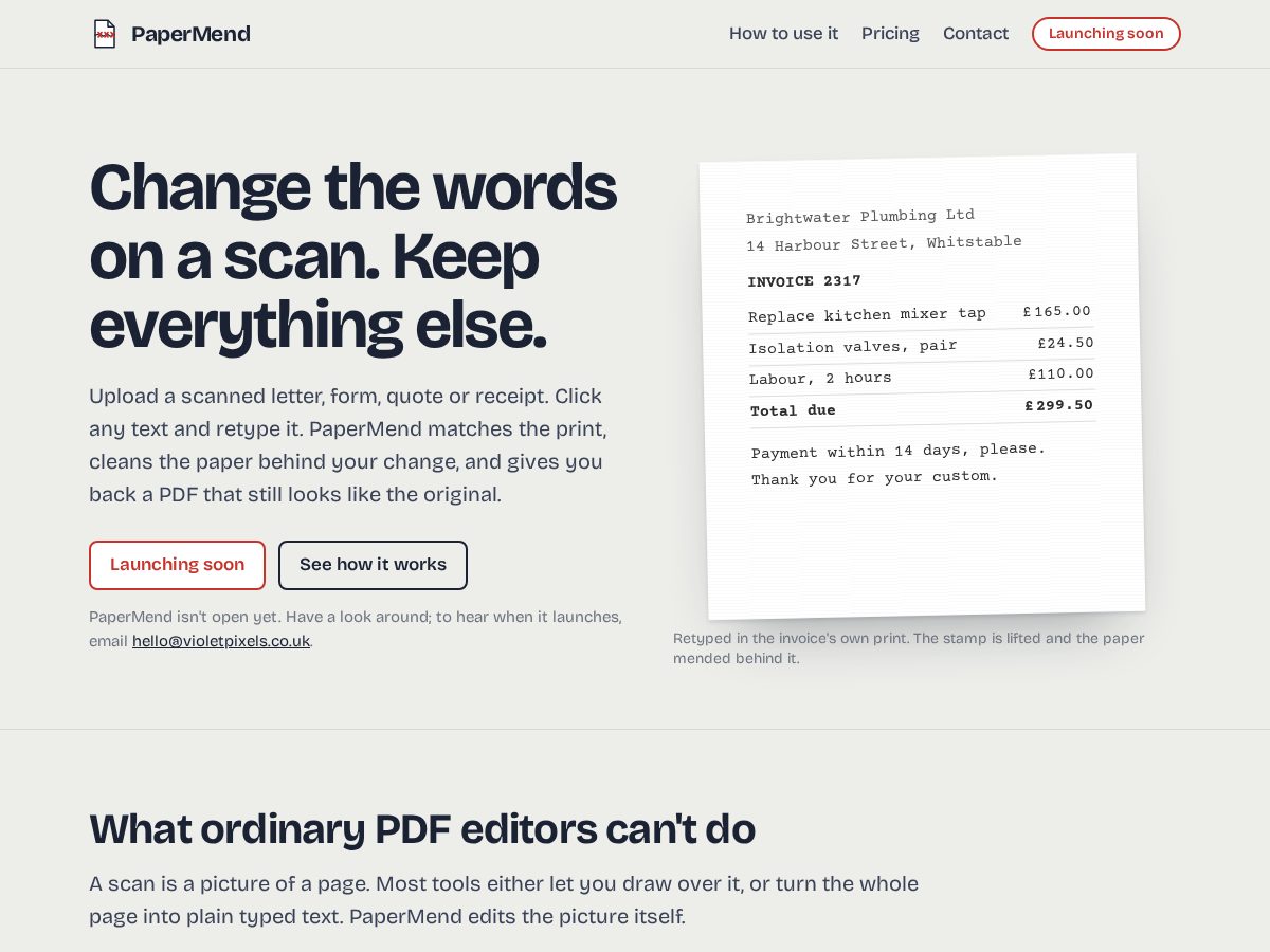 Landing-page snapshot of papermend.net