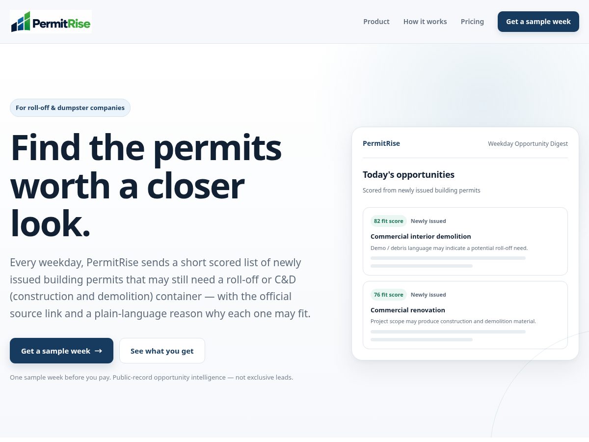 Landing-page snapshot of permitrise.com