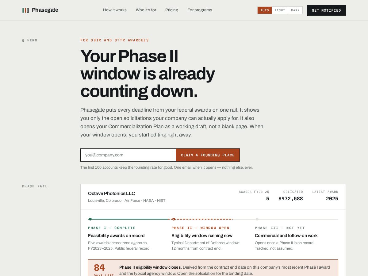 Landing-page snapshot of phasegate.app