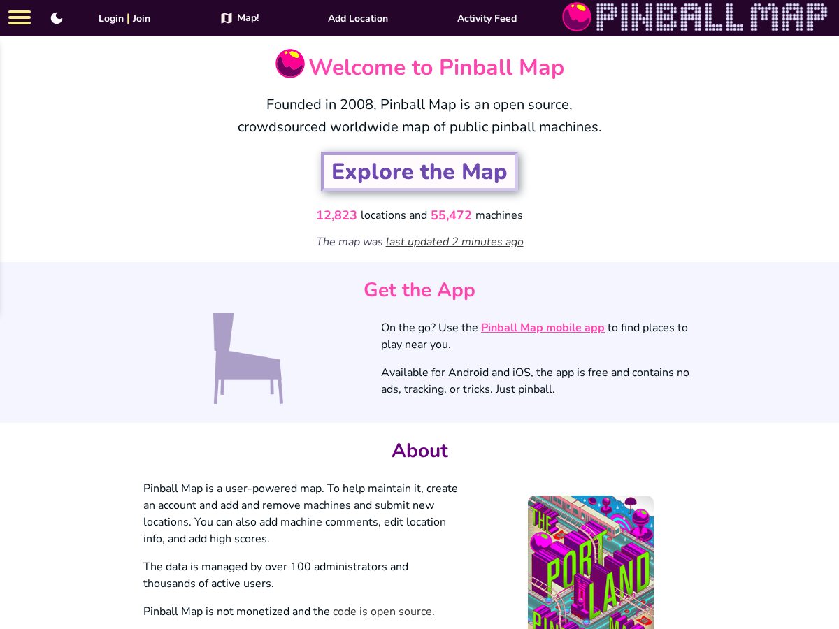 Landing-page snapshot of pinballmaps.com