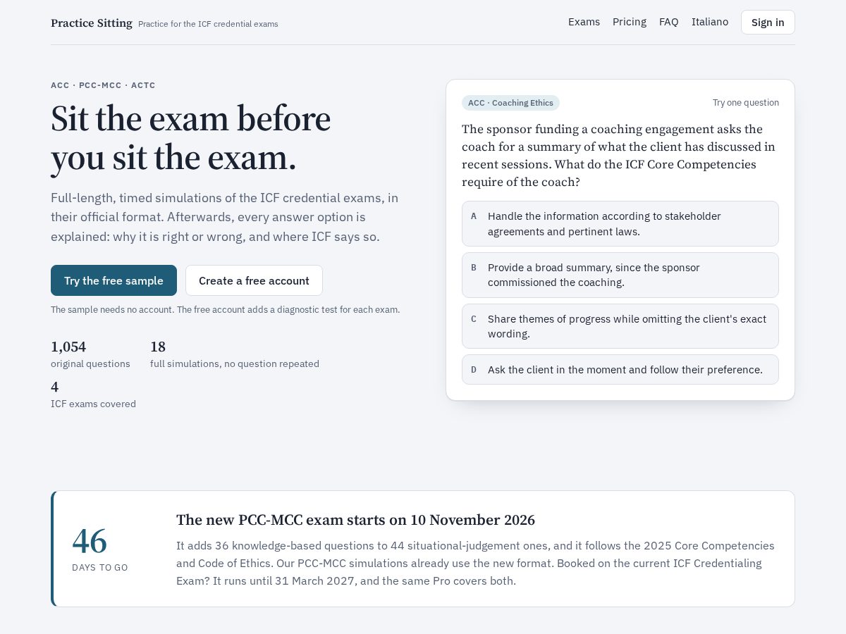Landing-page snapshot of practicesitting.com