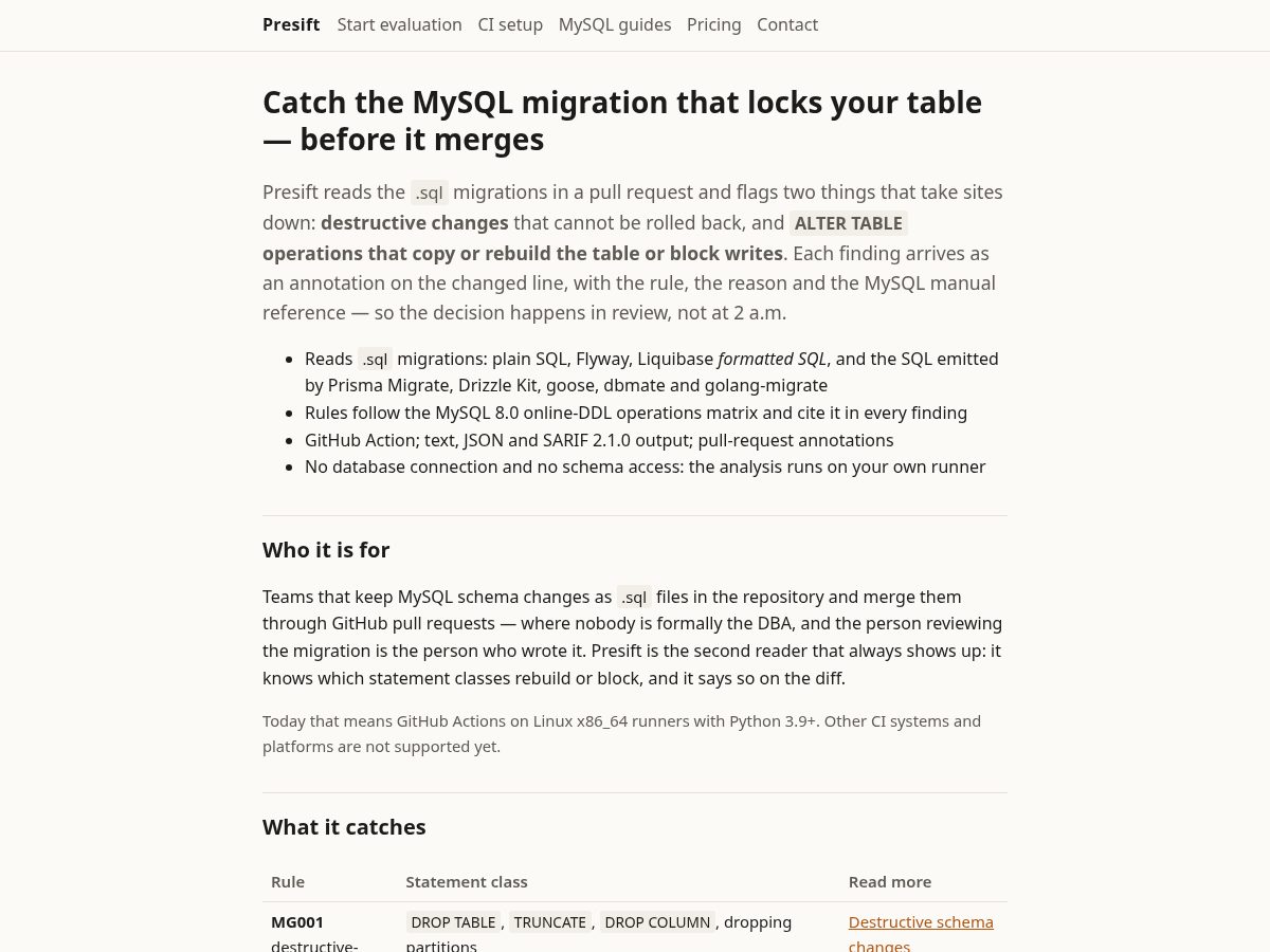 Landing-page snapshot of presift.dev