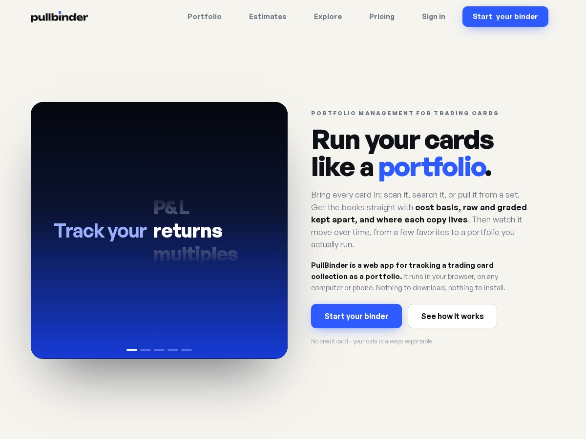 Landing-page snapshot of pullbinders.app
