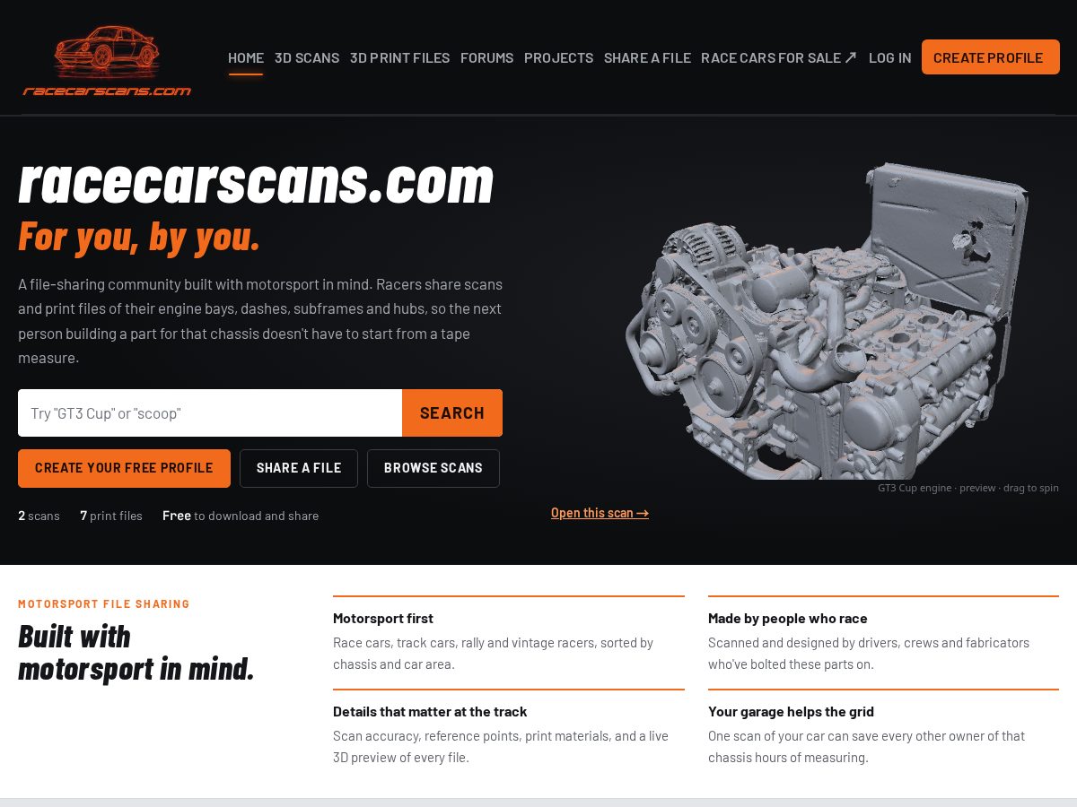 Landing-page snapshot of racecarscans.com