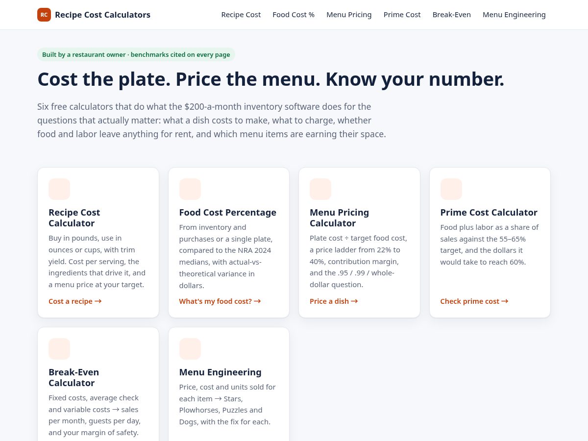 Landing-page snapshot of recipecostcalculators.com