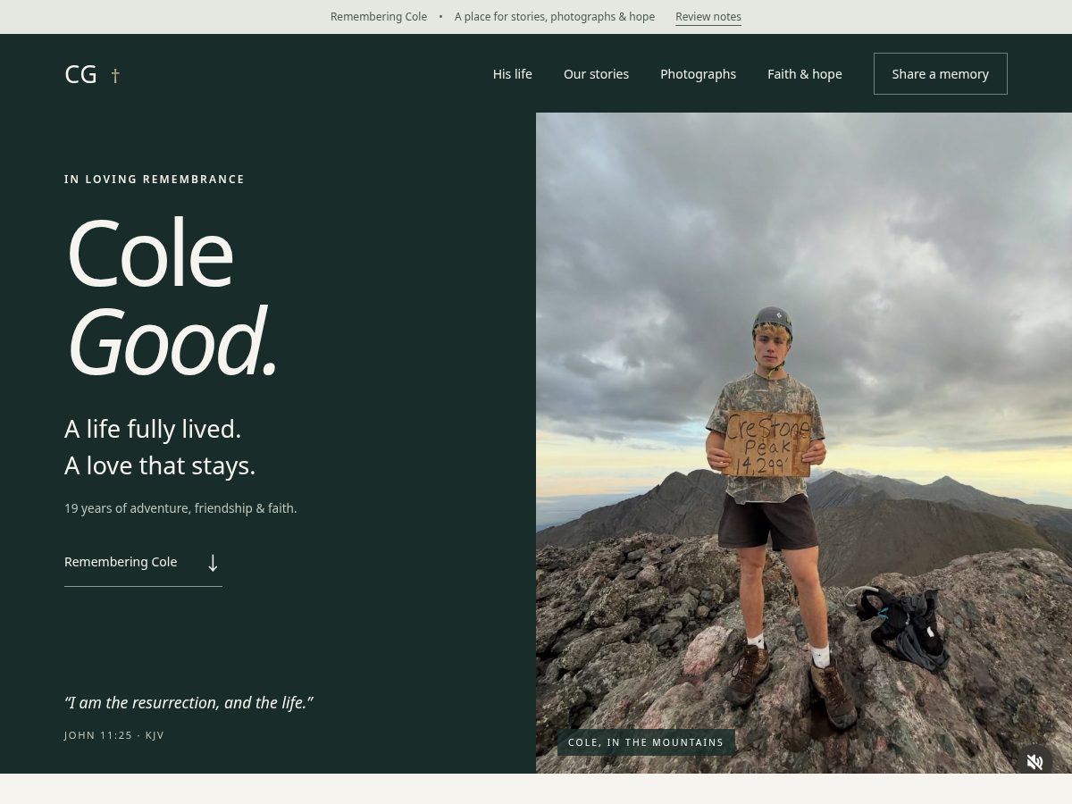 Landing-page snapshot of remembercole.com