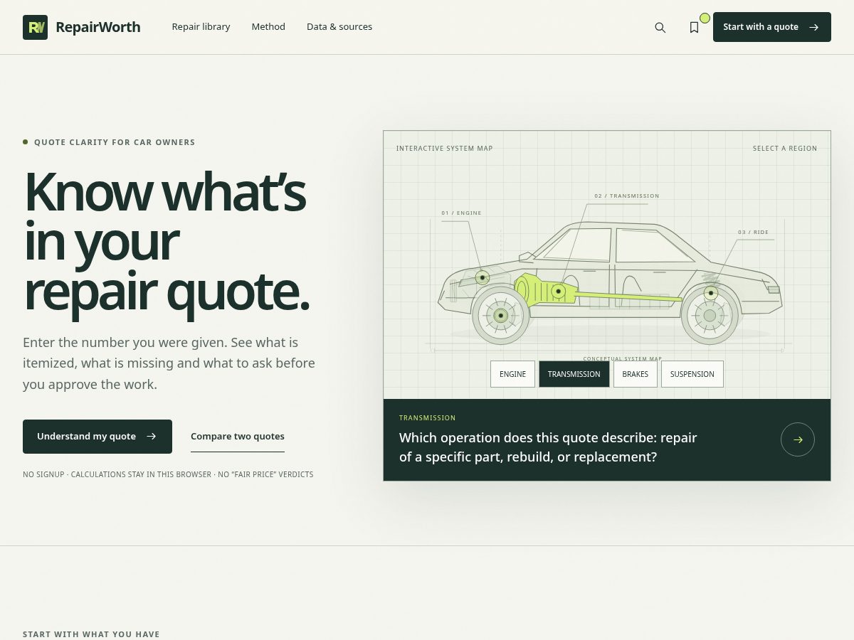 Landing-page snapshot of repairworth.com