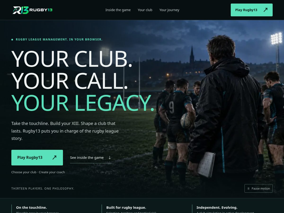 Landing-page snapshot of rugby13.app