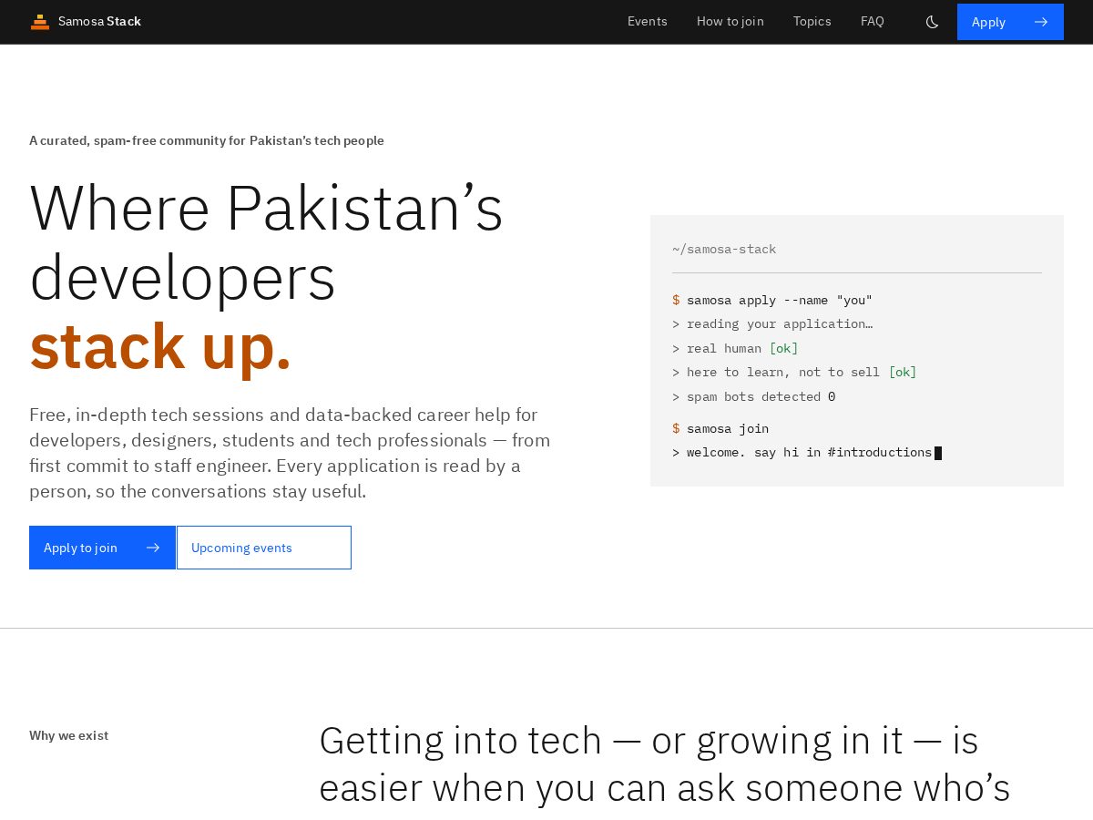Landing-page snapshot of samosastack.com