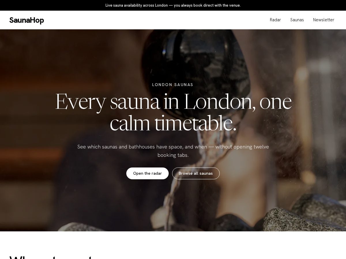 Landing-page snapshot of saunahop.com