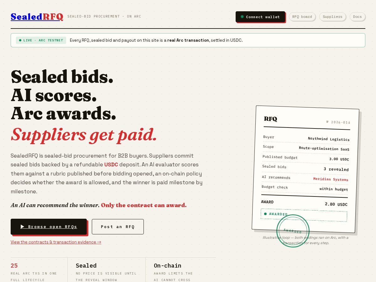 Landing-page snapshot of sealedrfq.com