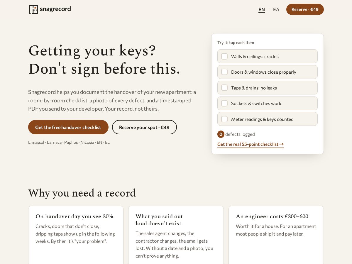 Landing-page snapshot of snagrecord.com