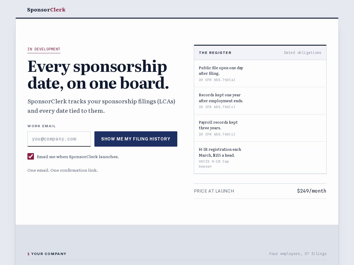 Landing-page snapshot of sponsorclerk.com