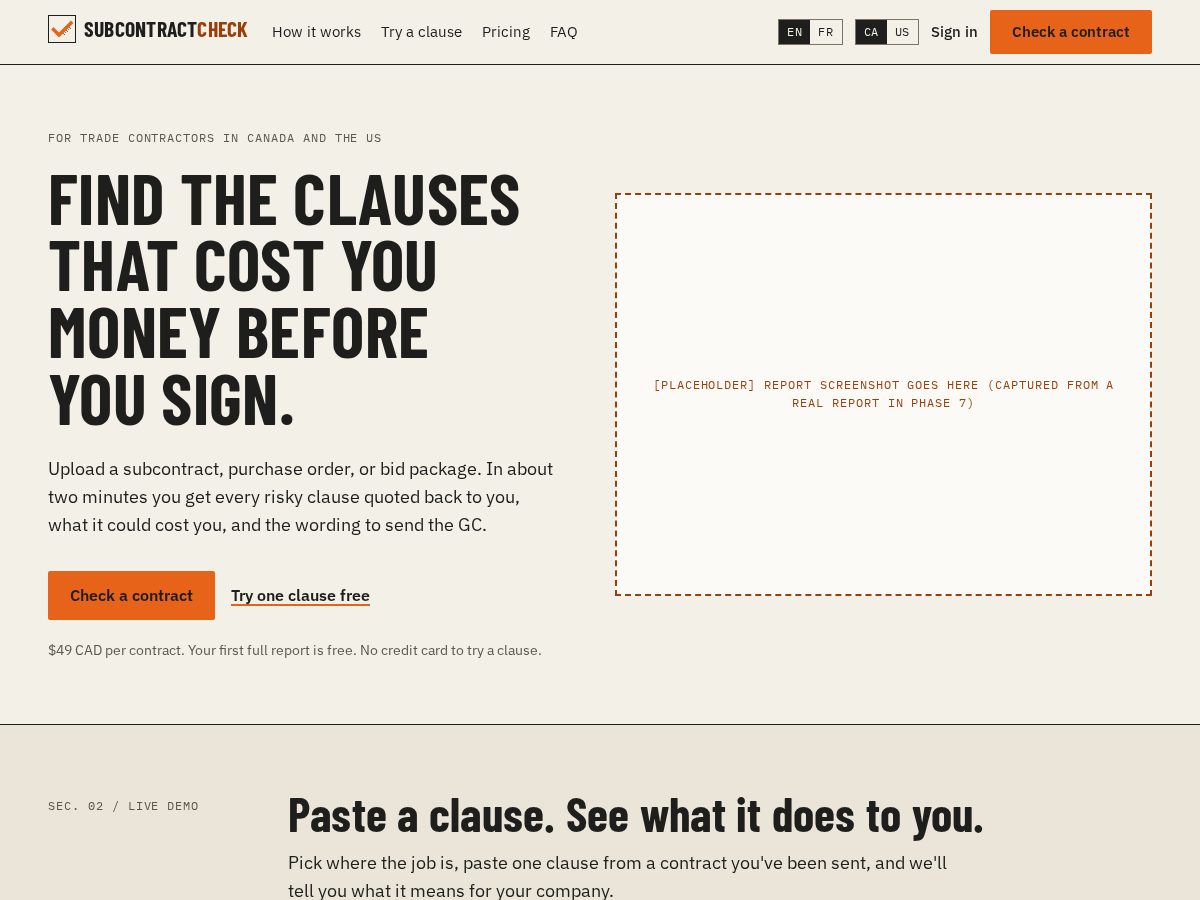 Landing-page snapshot of subcontractcheck.com