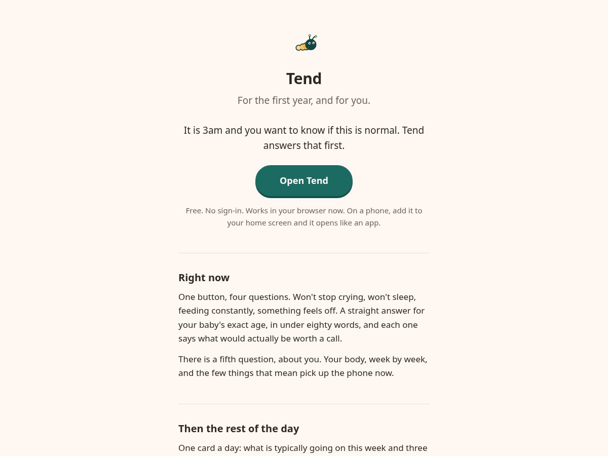 Landing-page snapshot of tendtheday.com
