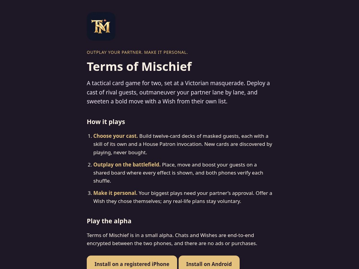 Landing-page snapshot of termsofmischief.com