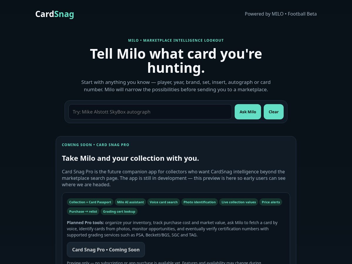 Landing-page snapshot of thecardsnag.com