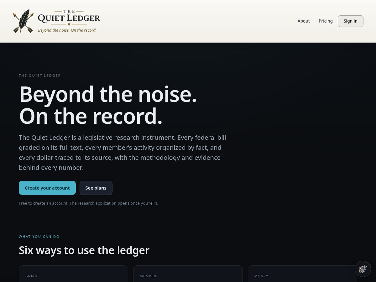 Landing-page snapshot of thequietledger.app