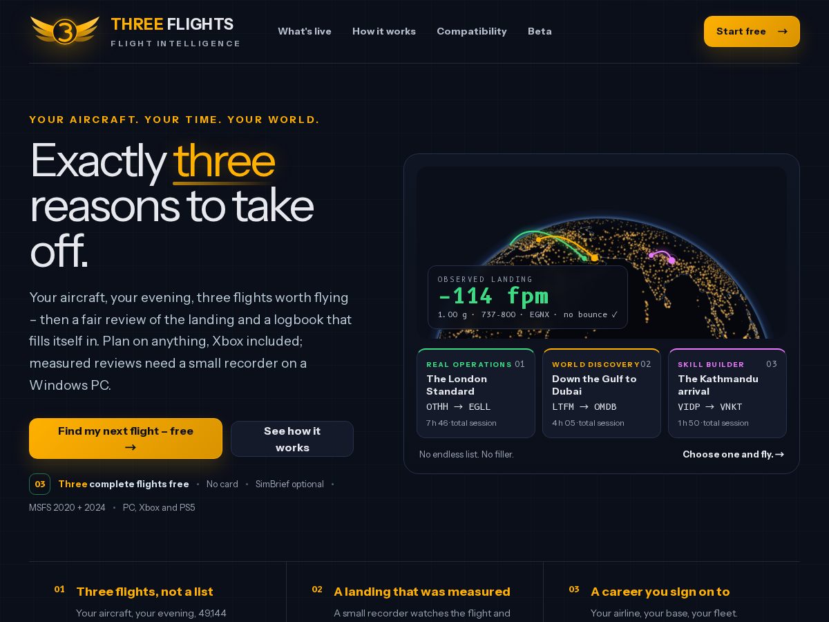 Landing-page snapshot of threeflights.app