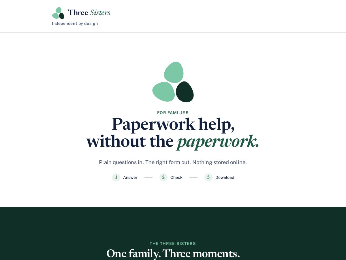Landing-page snapshot of threesisters.app